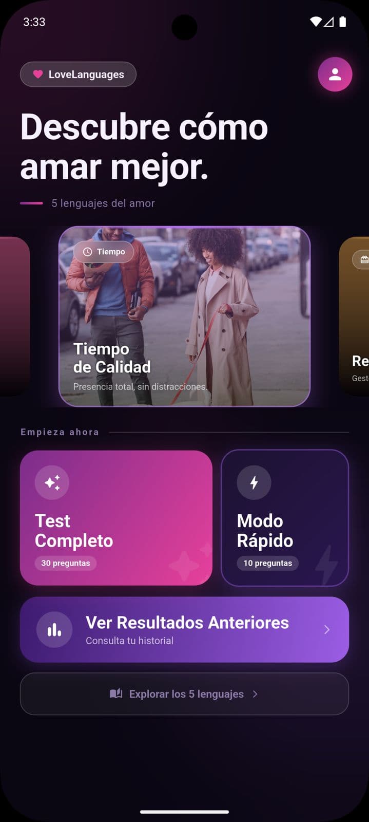 Inicio de Love Languages con los cinco lenguajes, test completo de 30 preguntas, modo rápido de 10 preguntas e historial