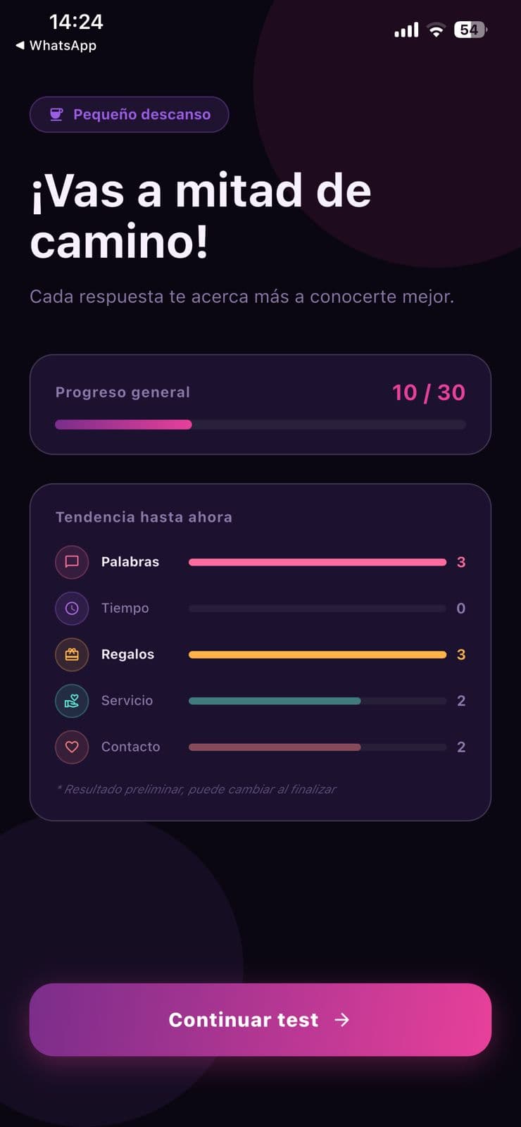 Progreso durante el test de Love Languages con respuestas completadas y tendencias preliminares por lenguaje
