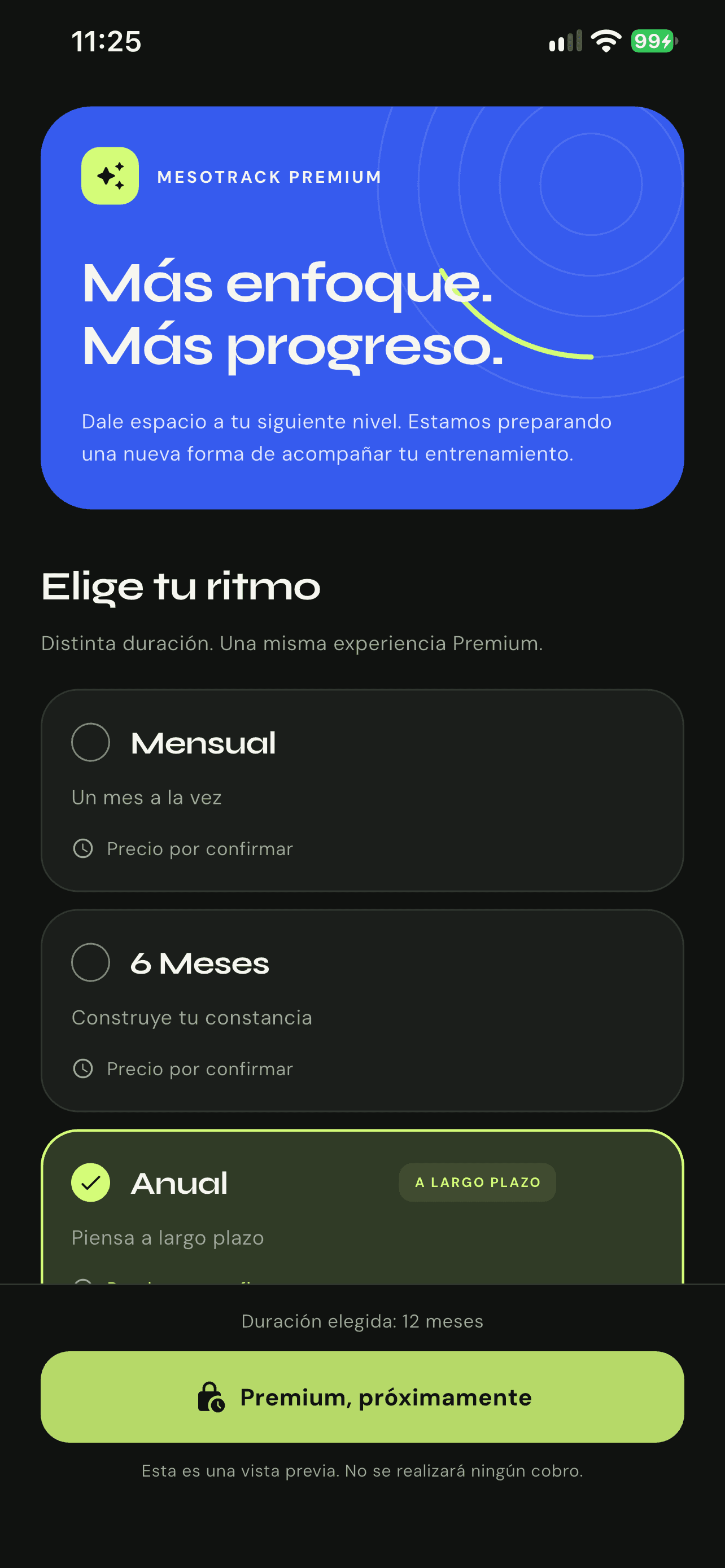 Vista previa de MesoTrack Premium con duraciones, precios por confirmar y botón próximamente
