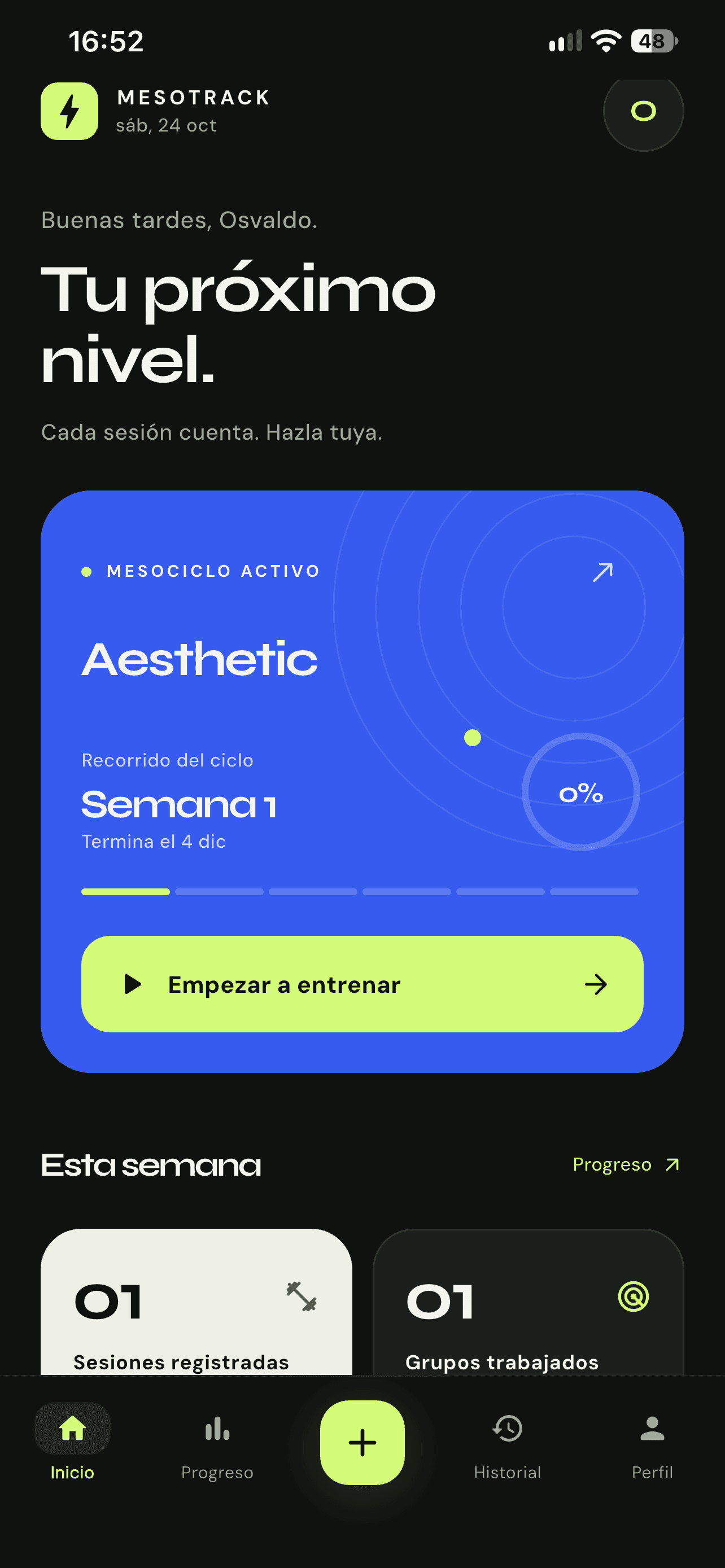 Inicio de MesoTrack con mesociclo activo, semana del ciclo y acceso para empezar a entrenar