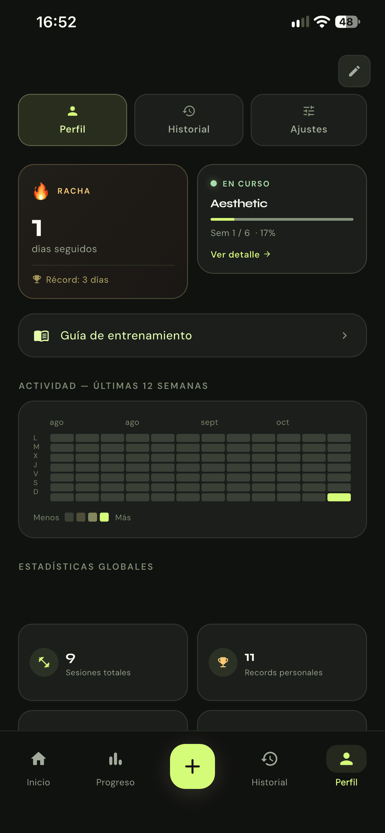 Perfil de MesoTrack con racha, ciclo en curso, mapa de actividad y estadísticas
